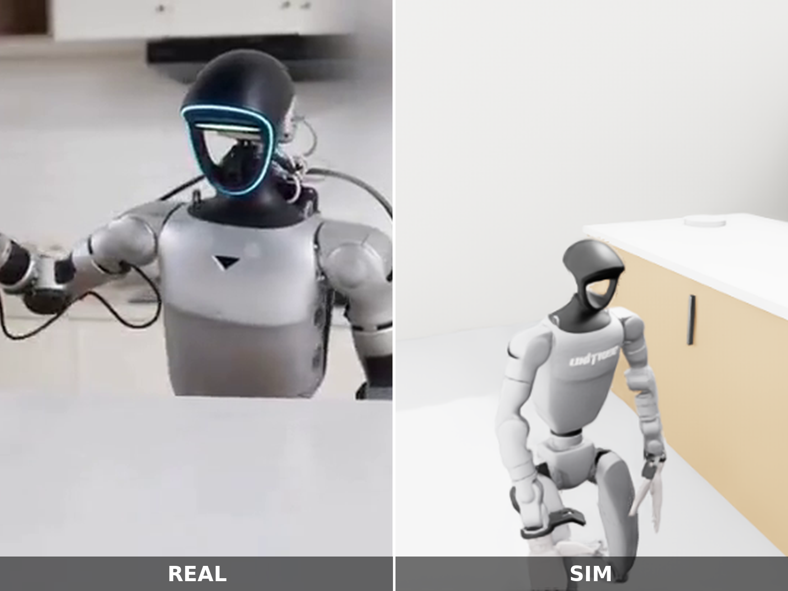 Side-by-side: real kitchen video frame (left) and simulation render (right) of the G1 counter-wipe task