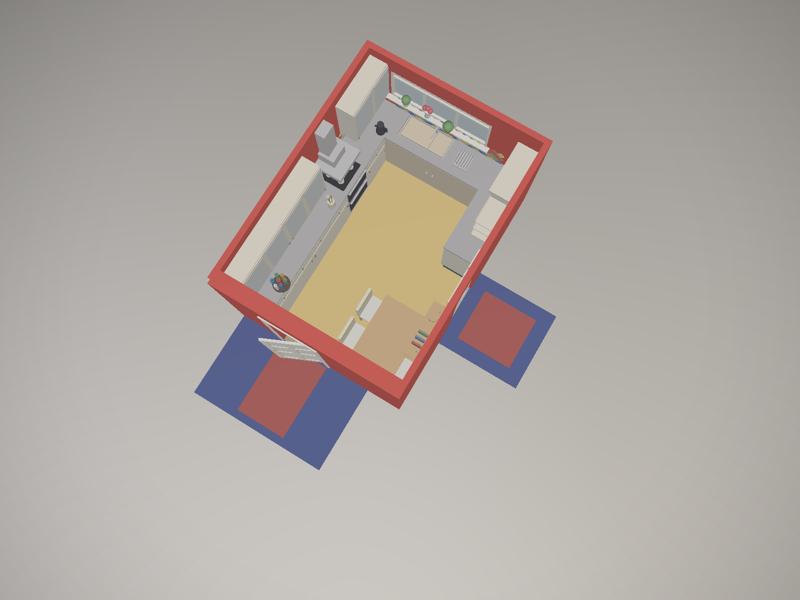 Top-down architectural cutaway of the kitchen layout