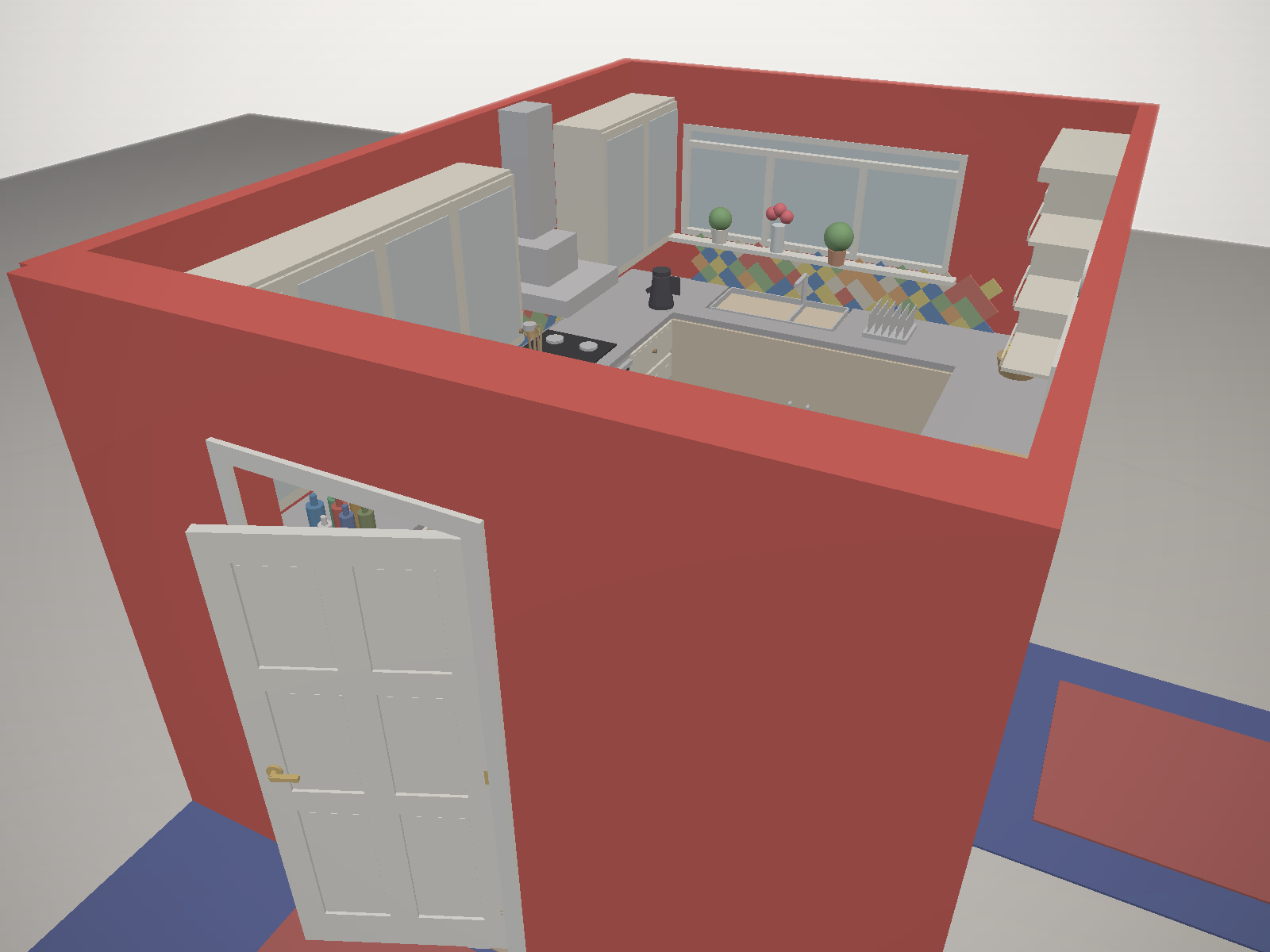 Interior view of the parametric Red Wall Kitchen model — backsplash, sink, shelves and door visible