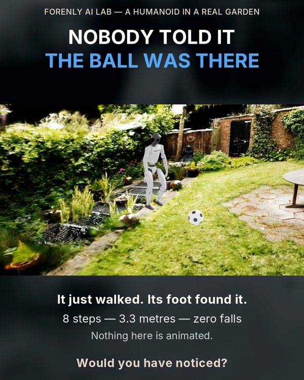 A Unitree G1 humanoid walking in a simulated garden and kicking a ball