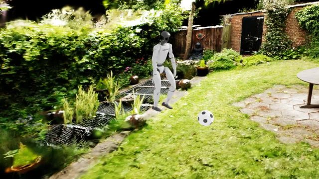 A Unitree G1 humanoid dribbling a ball in a garden rebuilt from real footage