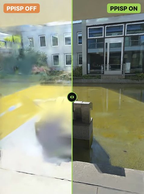 PPISP off and on, compared on a real 3-camera capture