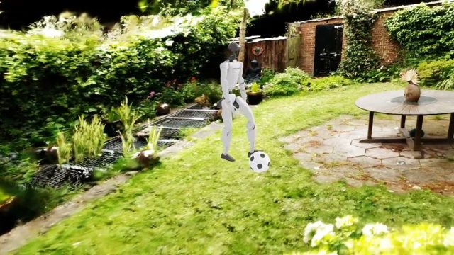 A Unitree G1 humanoid walking and dribbling a ball inside a Gaussian splat garden