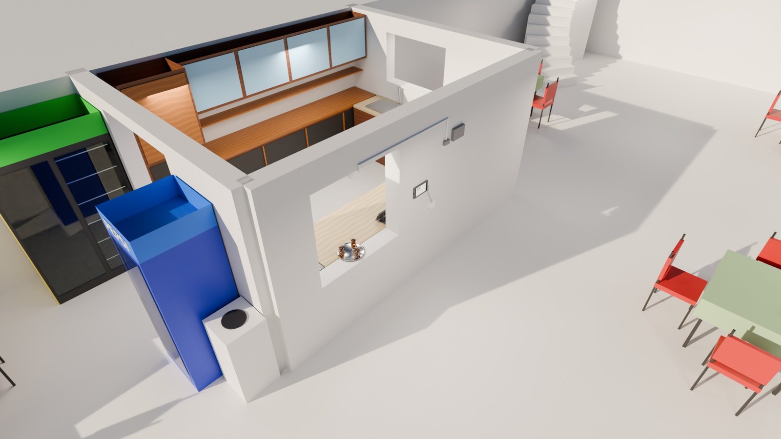The counter area of the twin from above, with the camera and the two tablets in place