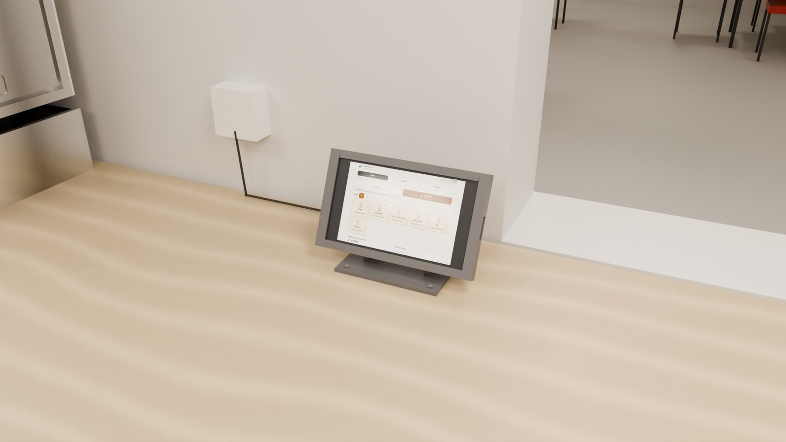 The tea maker's tablet on its stand on the counter
