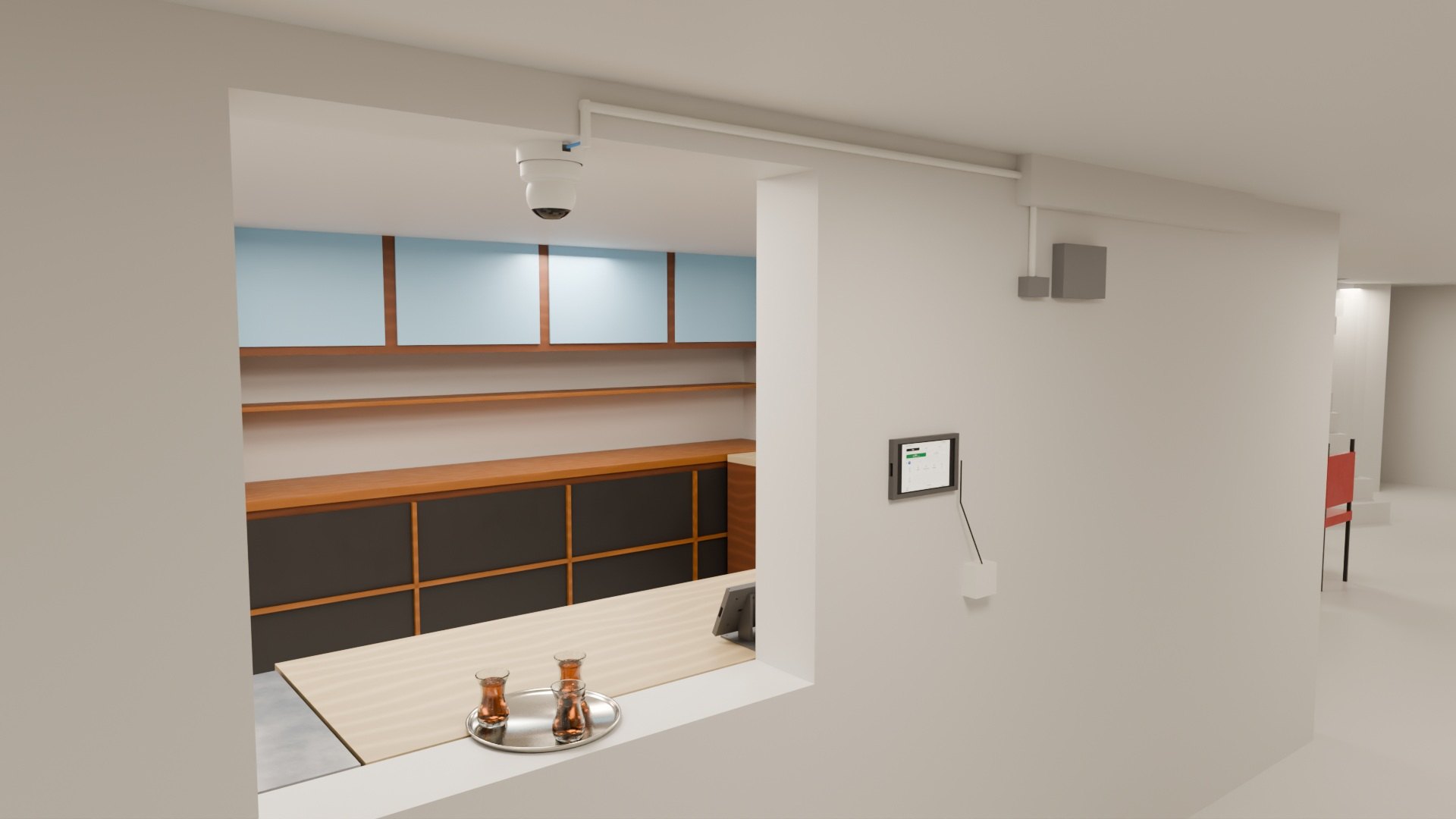 The café's digital twin: the serving window with the tea tray, seen from the hall